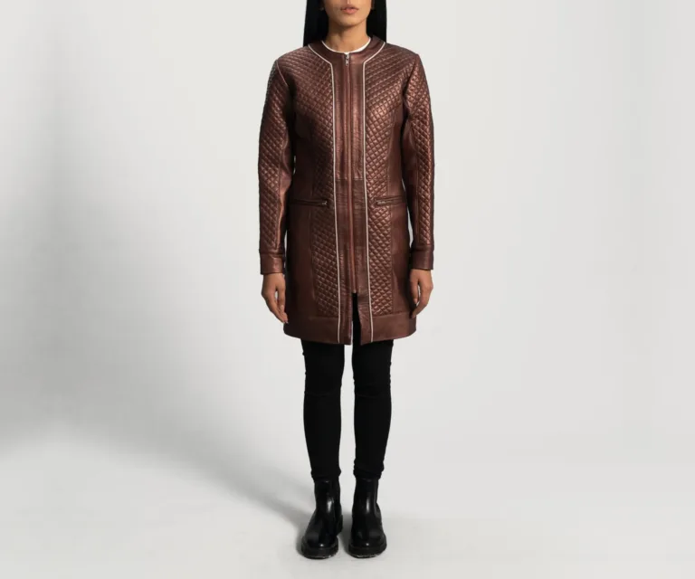 Trudy Lane Quilted Maroon Leather Coat Luxury Women's Outerwear — Collar & Closure Architecture