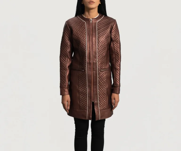 Trudy Lane Quilted Maroon Leather Coat Luxury Women's Outerwear — Rear Profile & Tailored Seaming