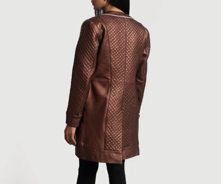 Trudy Lane Quilted Maroon Leather Coat Luxury Women's Outerwear — Macro Hardware & Leather Grain