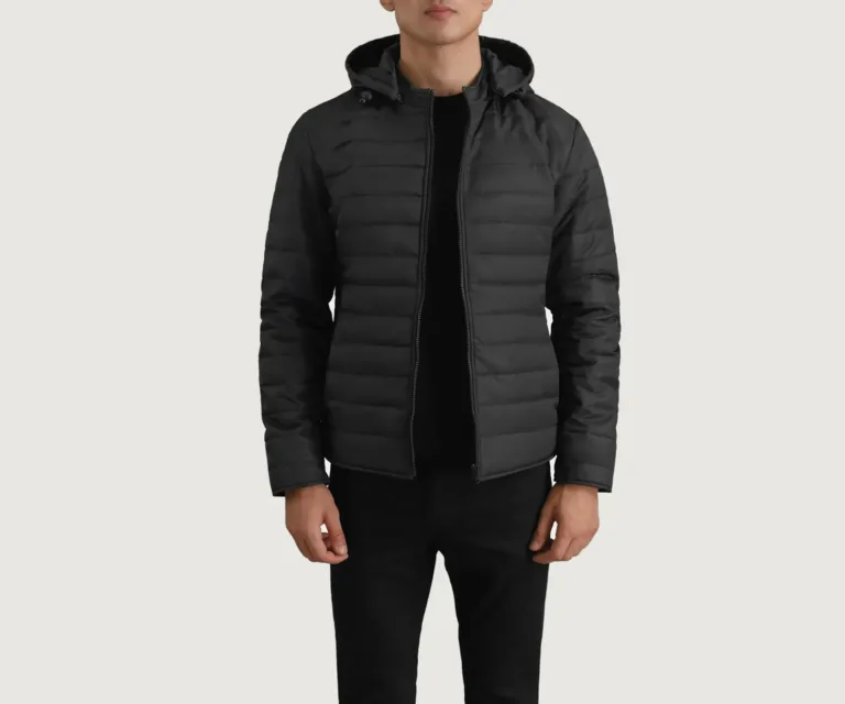 Tyler Black Hooded Puffer Jacket — Front Open Hero Presentation