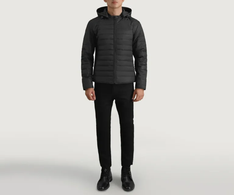 Tyler Black Hooded Puffer Jacket — Quarter Angle Profile & Contoured Sleeve Detail