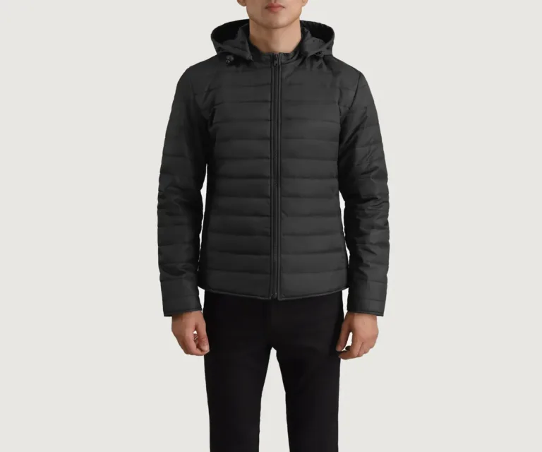 Tyler Black Hooded Puffer Jacket — Macro Detail Texture, Stitching & Hardware