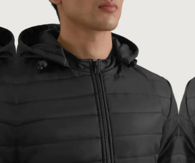 Tyler Black Hooded Puffer Jacket — Full-Length Model Editorial Presentation