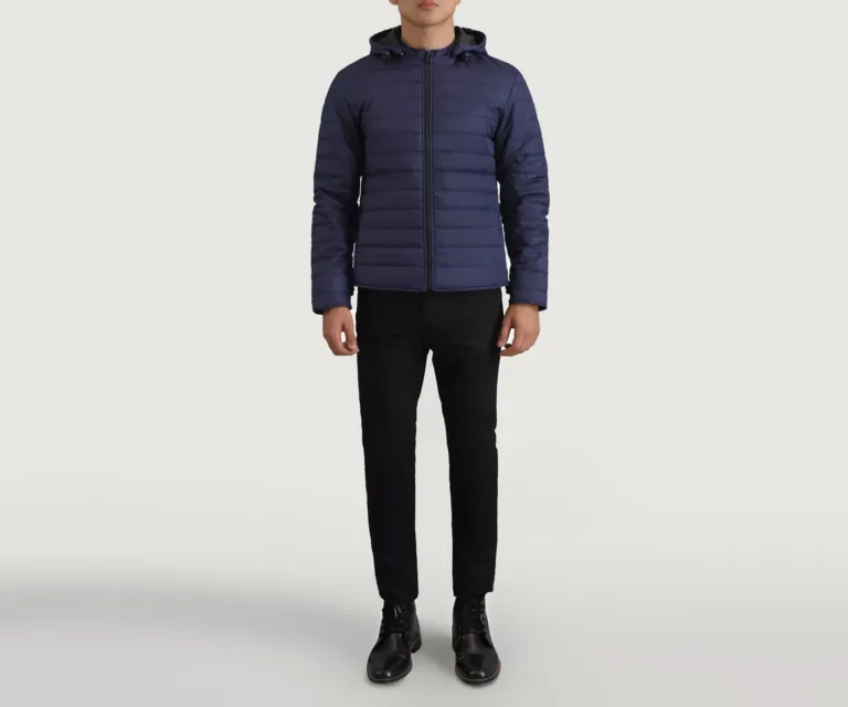 Tyler Blue Hooded Puffer Jacket — Quarter Angle Profile & Contoured Sleeve Detail