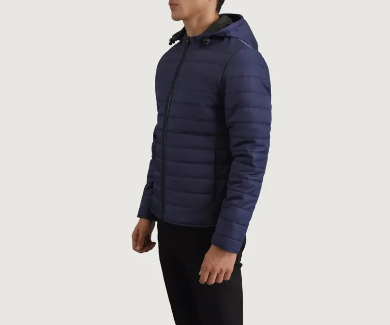 Tyler Blue Hooded Puffer Jacket — Front Collar & Placket Thermal Detail