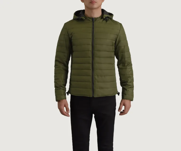 Tyler Green Hooded Puffer Jacket — Front Collar & Placket Thermal Detail