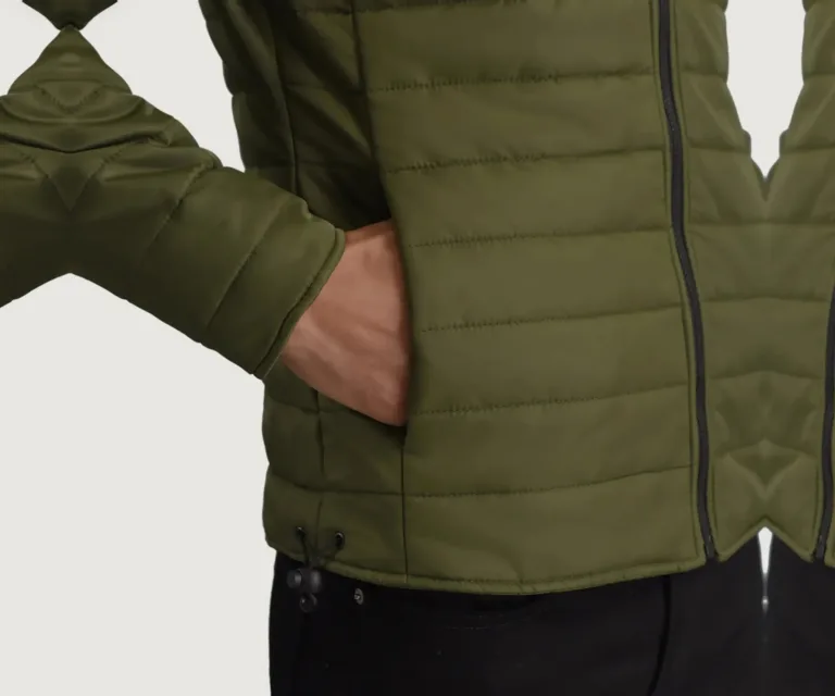 Tyler Green Hooded Puffer Jacket — Macro Detail Texture, Stitching & Hardware