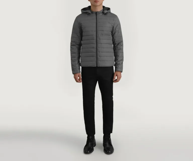 Tyler Grey Hooded Puffer Jacket — Quarter Angle Profile & Contoured Sleeve Detail