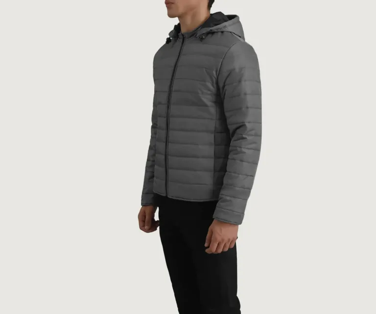 Tyler Grey Hooded Puffer Jacket — Front Collar & Placket Thermal Detail