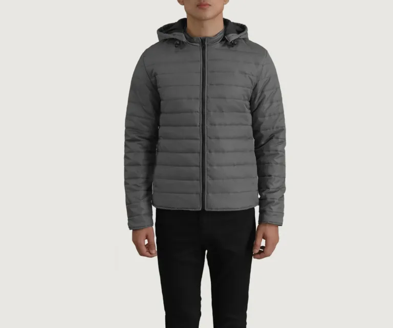 Tyler Grey Hooded Puffer Jacket — Macro Detail Texture, Stitching & Hardware