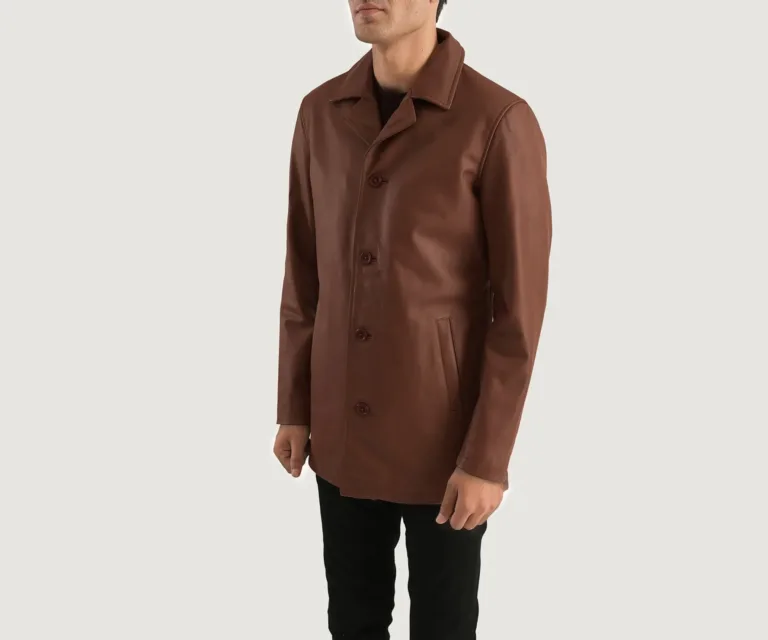 Urban Slate Brown Leather Coat — Three-Quarter Perspective