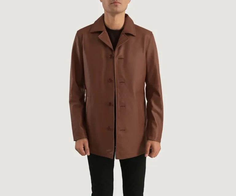 Urban Slate Brown Leather Coat — Rear Profile View
