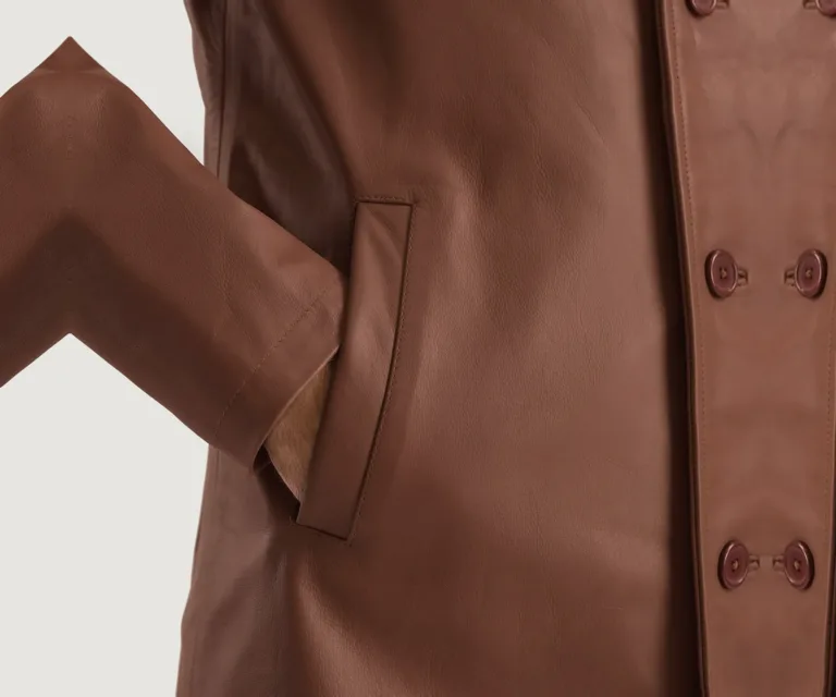 Urban Slate Brown Leather Coat — Full Editorial Model Perspective
