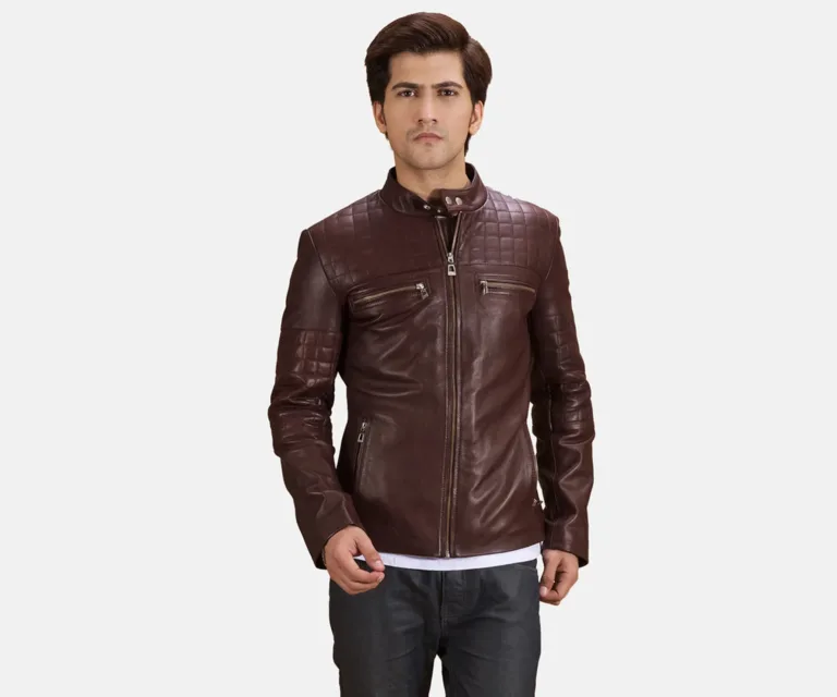 Urbane Quilted Maroon Leather Biker Jacket — Front Open Hero Presentation