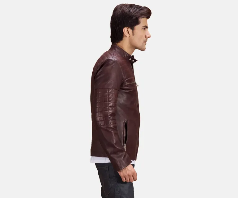Urbane Quilted Maroon Leather Biker Jacket — Quarter Angle Profile & Contoured Sleeve Detail