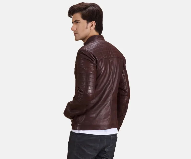 Urbane Quilted Maroon Leather Biker Jacket — Macro Detail Texture, Stitching & Hardware