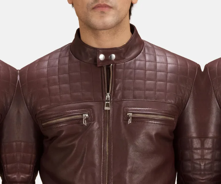 Urbane Quilted Maroon Leather Biker Jacket — Full-Length Model Editorial Presentation