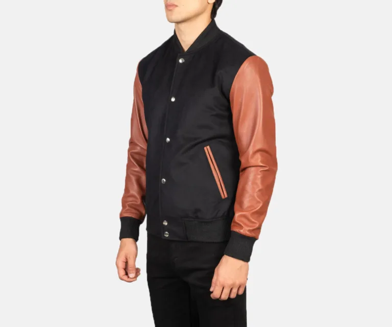 Vaxton Brown & Black Hybrid Varsity Jacket — Quarter Angle Profile & Sleeve Detail