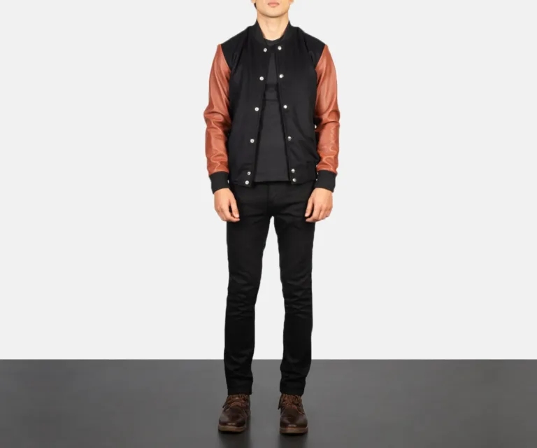 Vaxton Brown & Black Hybrid Varsity Jacket — Front Placket Snaps & Rib-Knit Collar