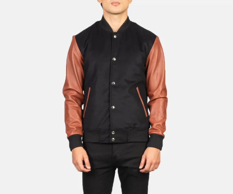 Vaxton Brown & Black Hybrid Varsity Jacket — Rear Back View & Striped Rib Hemline