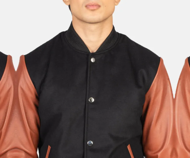 Vaxton Brown & Black Hybrid Varsity Jacket — Full-Length Model Editorial Presentation