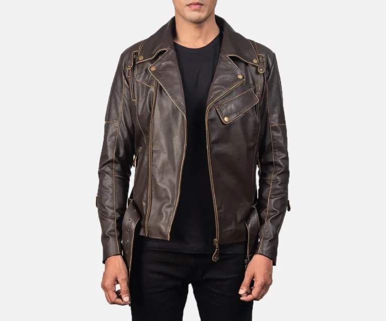 Vincent Brown Leather Biker Jacket — Front Open Hero Presentation