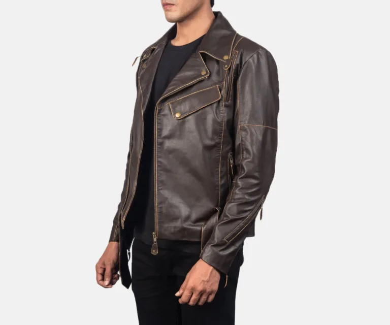 Vincent Brown Leather Biker Jacket — Quarter Angle Side Profile & Contoured Sleeve Detail