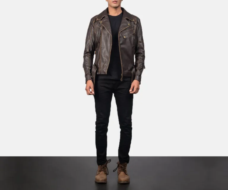 Vincent Brown Leather Biker Jacket — Rear Back View & Clean Hemline