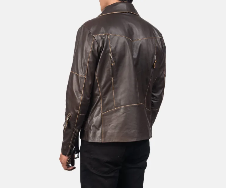 Vincent Brown Leather Biker Jacket — Macro Detail Air Vents, Rub-Off Patina & Zips