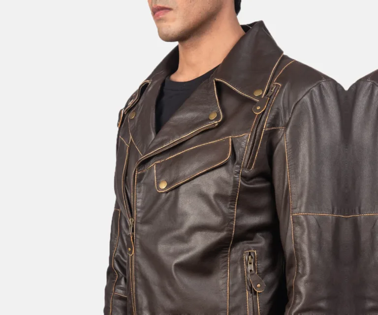 Vincent Brown Leather Biker Jacket — Editorial Full-Length Head-to-Toe Model Presentation