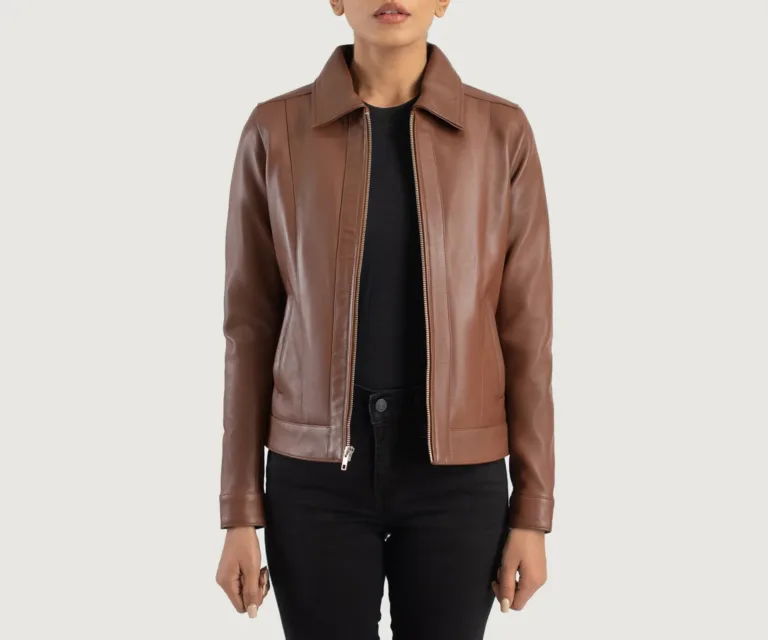 Vixen Brown Classic Collar Leather Jacket Luxury Women's Outerwear — Front Silhouette Hero Presentation
