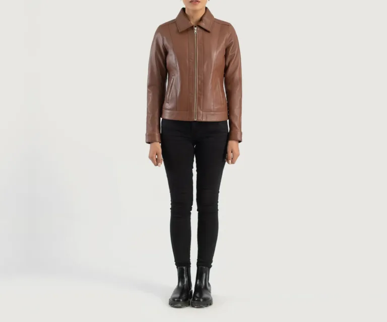 Vixen Brown Classic Collar Leather Jacket Luxury Women's Outerwear — Collar & Ribbed Trim Architecture
