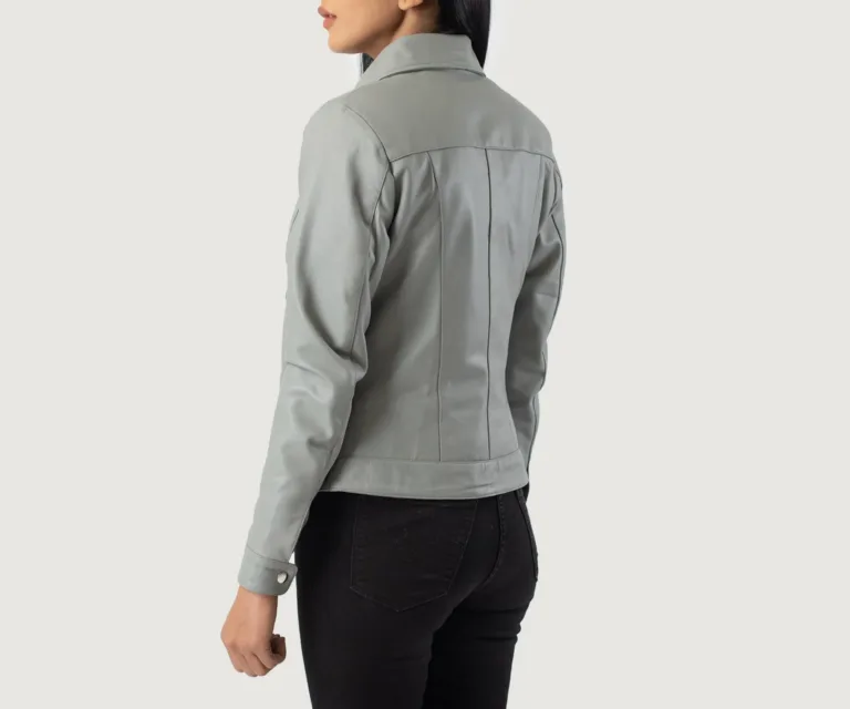 Vixen Grey Classic Collar Leather Jacket Luxury Women's Outerwear — Macro Hardware & Leather Grain