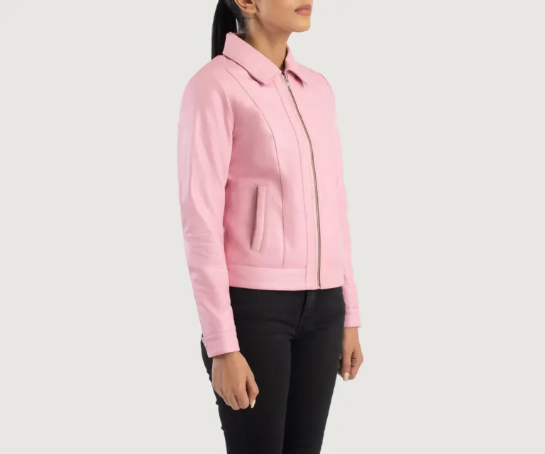 Vixen Pink Classic Collar Leather Jacket Luxury Women's Outerwear — Three-Quarter Editorial Perspective