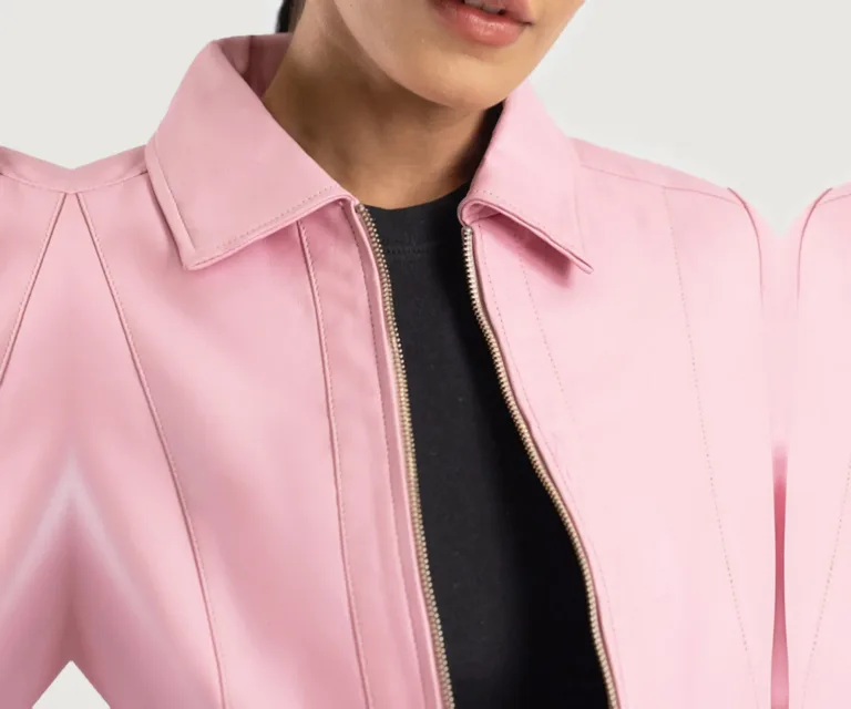Vixen Pink Classic Collar Leather Jacket Luxury Women's Outerwear — Full-Length Silhouette & Drape