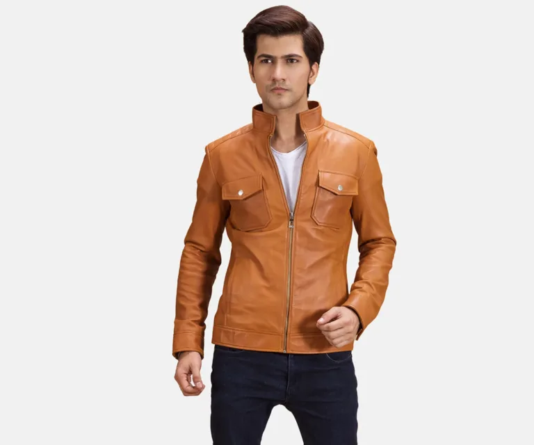 Voltex Tan Leather Biker Jacket — Front Open Hero Presentation