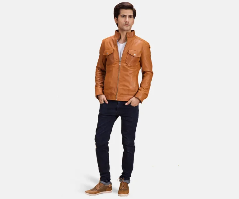 Voltex Tan Leather Biker Jacket — Front Zipped Placket & Collar Detail