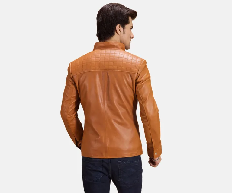 Voltex Tan Leather Biker Jacket — Rear Back View & Clean Hemline