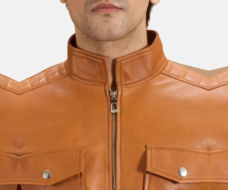 Voltex Tan Leather Biker Jacket — Macro Detail Texture, Stitching & Hardware