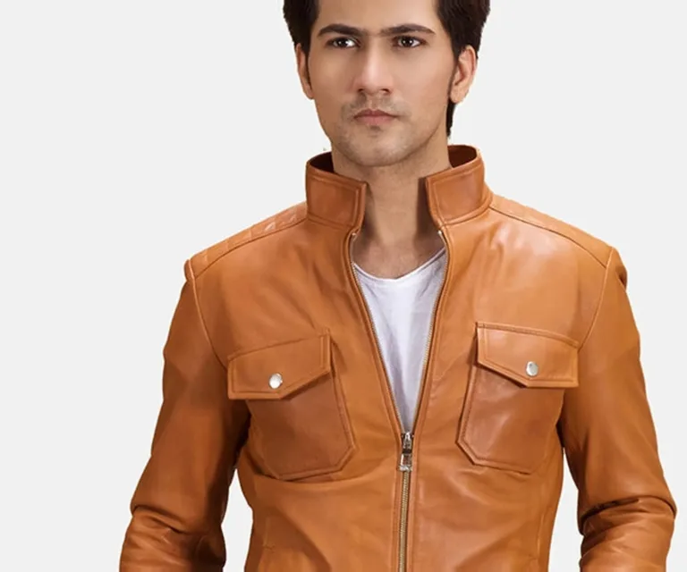 Voltex Tan Leather Biker Jacket — Full-Length Model Editorial Presentation