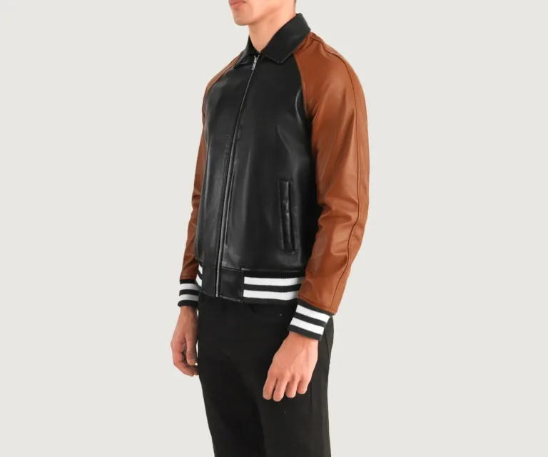 Walton Black & Brown Leather Varsity Jacket — Quarter Angle Profile & Sleeve Detail