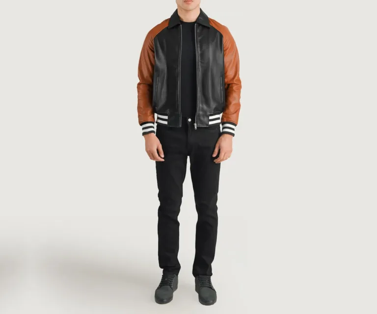 Walton Black & Brown Leather Varsity Jacket — Front Placket Snaps & Rib-Knit Collar