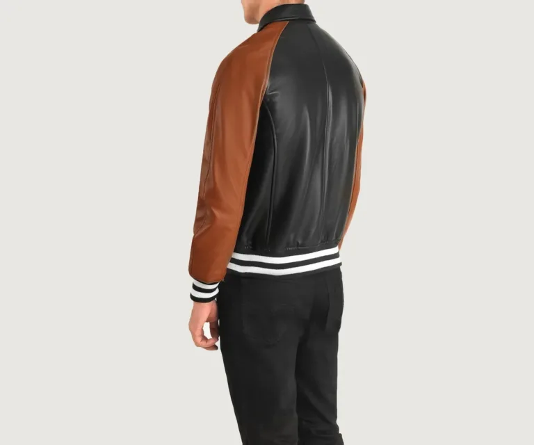 Walton Black & Brown Leather Varsity Jacket — Macro Detail Leather Grain, Rib-Knit & Snaps