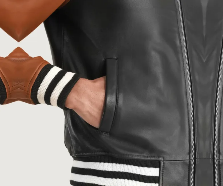 Walton Black & Brown Leather Varsity Jacket — Full-Length Model Editorial Presentation