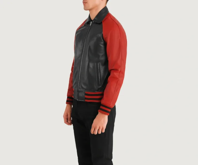 Walton Black & Red Leather Varsity Jacket — Quarter Angle Profile & Sleeve Detail