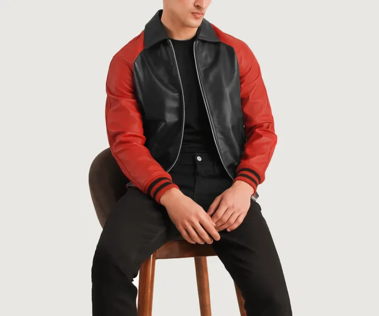 Walton Black & Red Leather Varsity Jacket — Front Placket Snaps & Rib-Knit Collar