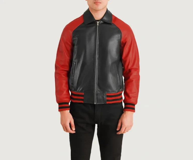 Walton Black & Red Leather Varsity Jacket — Rear Back View & Striped Rib Hemline
