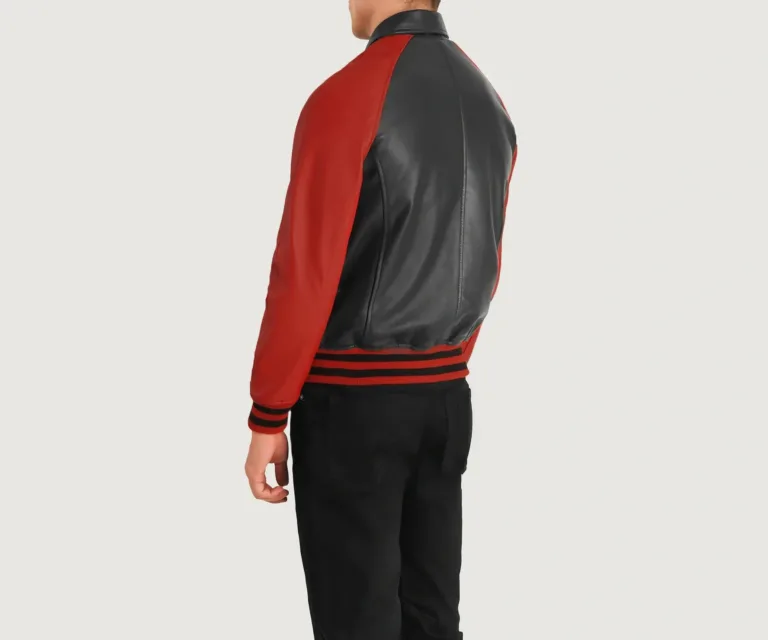 Walton Black & Red Leather Varsity Jacket — Macro Detail Leather Grain, Rib-Knit & Snaps