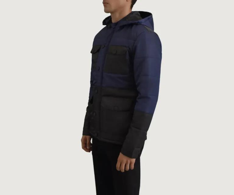 Wayne Black & Blue Hooded Puffer Jacket — Quarter Angle Profile & Contoured Sleeve Detail