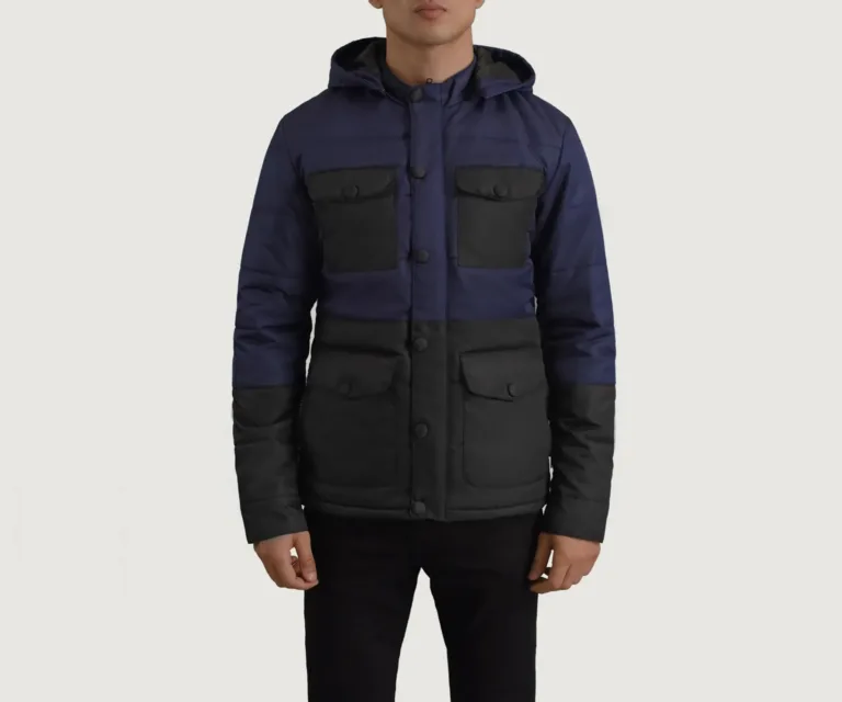 Wayne Black & Blue Hooded Puffer Jacket — Front Collar & Placket Thermal Detail